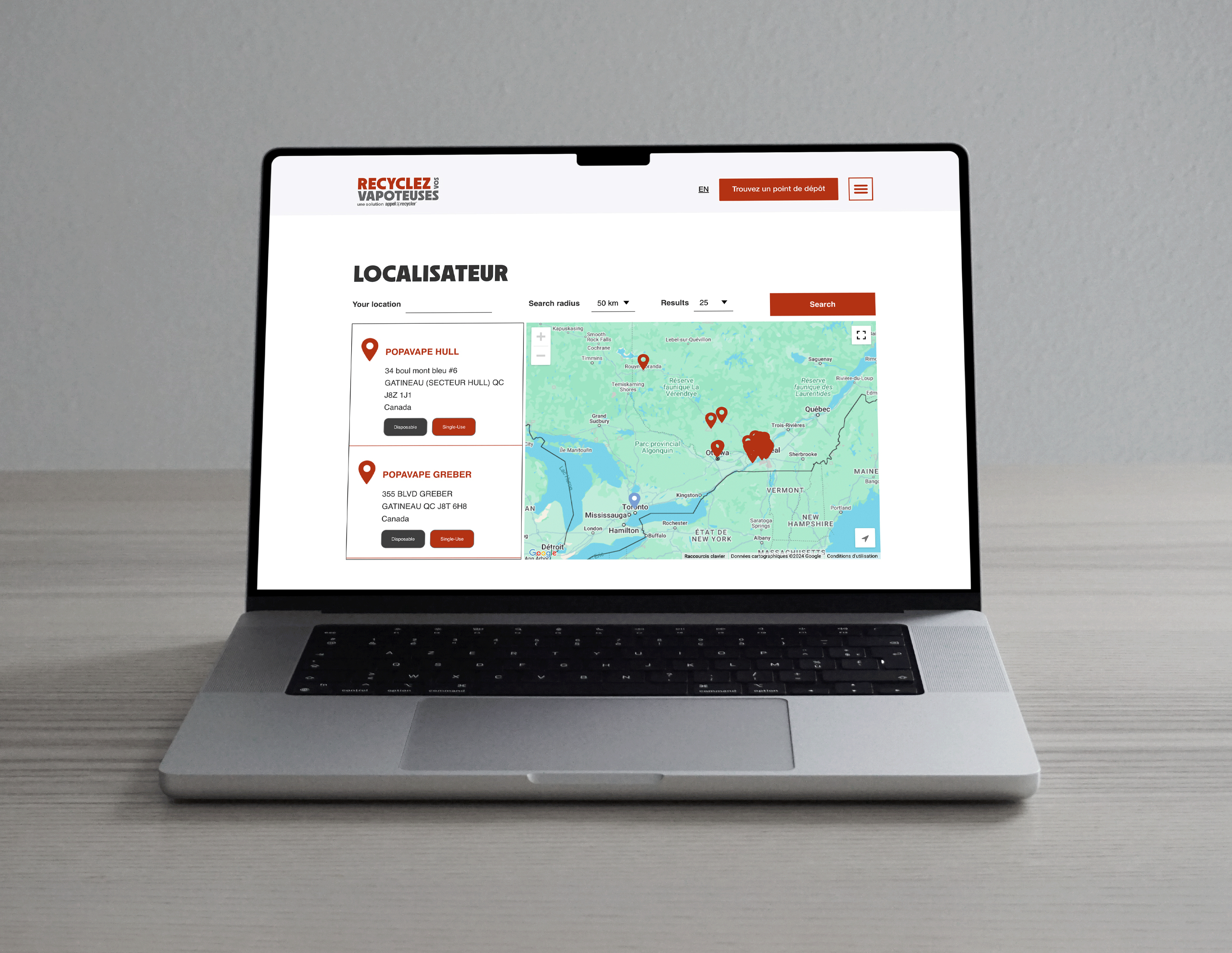 Mockup ordinateur avec le localiseur de vapoteuses du programme Recyclez Vos Vapoteuses